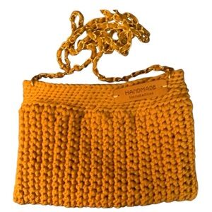 Mini Bag with Chain Strap Handmade Brown and Orange Mustard Colored Crochet